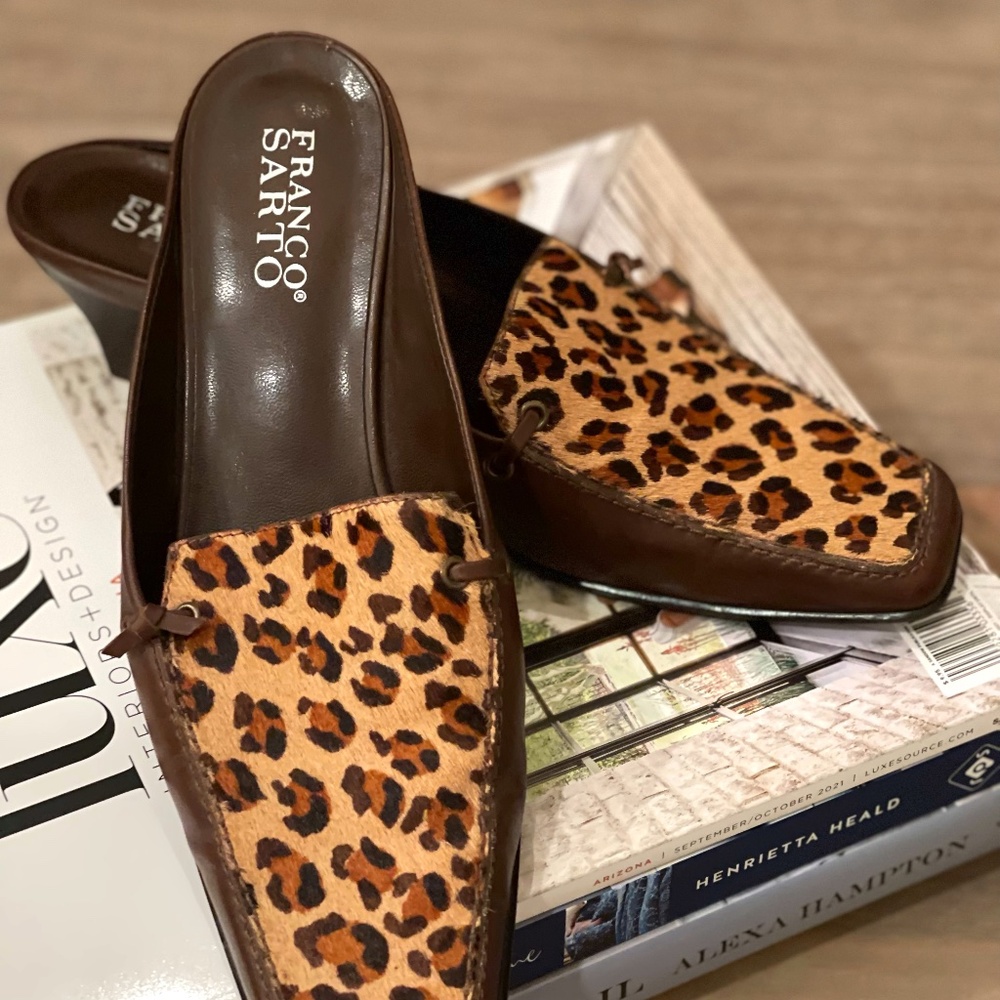 TRENDING!! Franco Sarto - Leopard Print Calf Hair Leather Mules Kitten Heel Sz 8